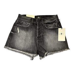 NWT 7‎ For All Mankind Black Distressed Denim Monroe Raw Cut Off Shorts Size 24